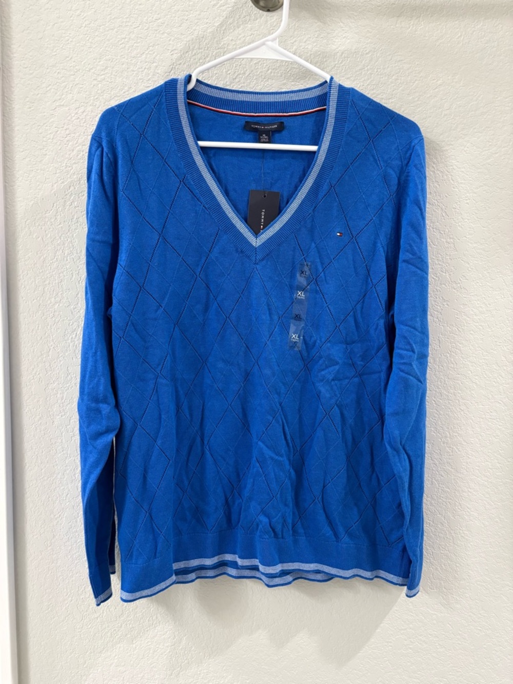 Tommy Hilfiger women Royal Blue V-Neck Diamond Knit Sweater with Light Blue Trim